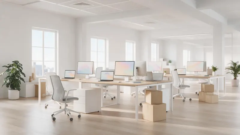 Bright modern office with new desks, laptops and monitors being set up